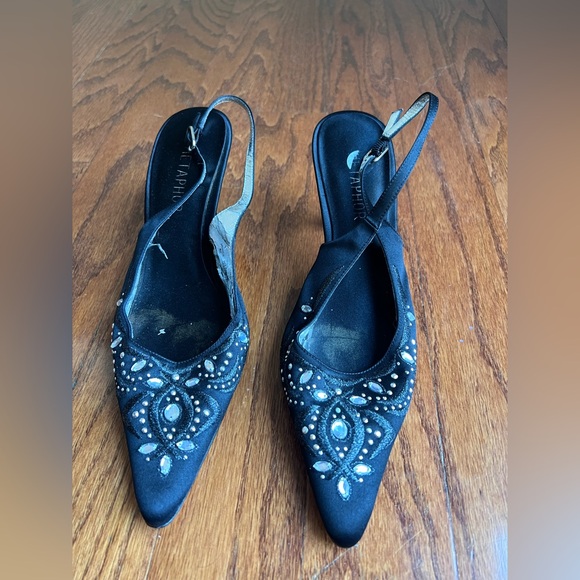 Metaphor Shoes - Metaphor Black Satin Embellished Pointed Slingback Flats